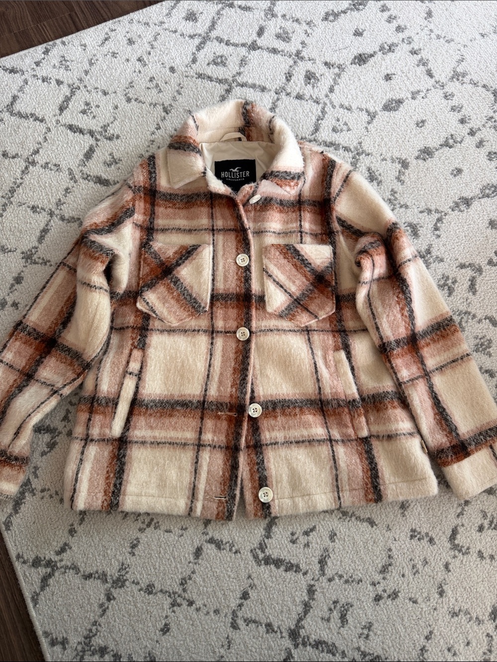 Hollister Cream, Brown & Rust Plaid Shag Pea Coat